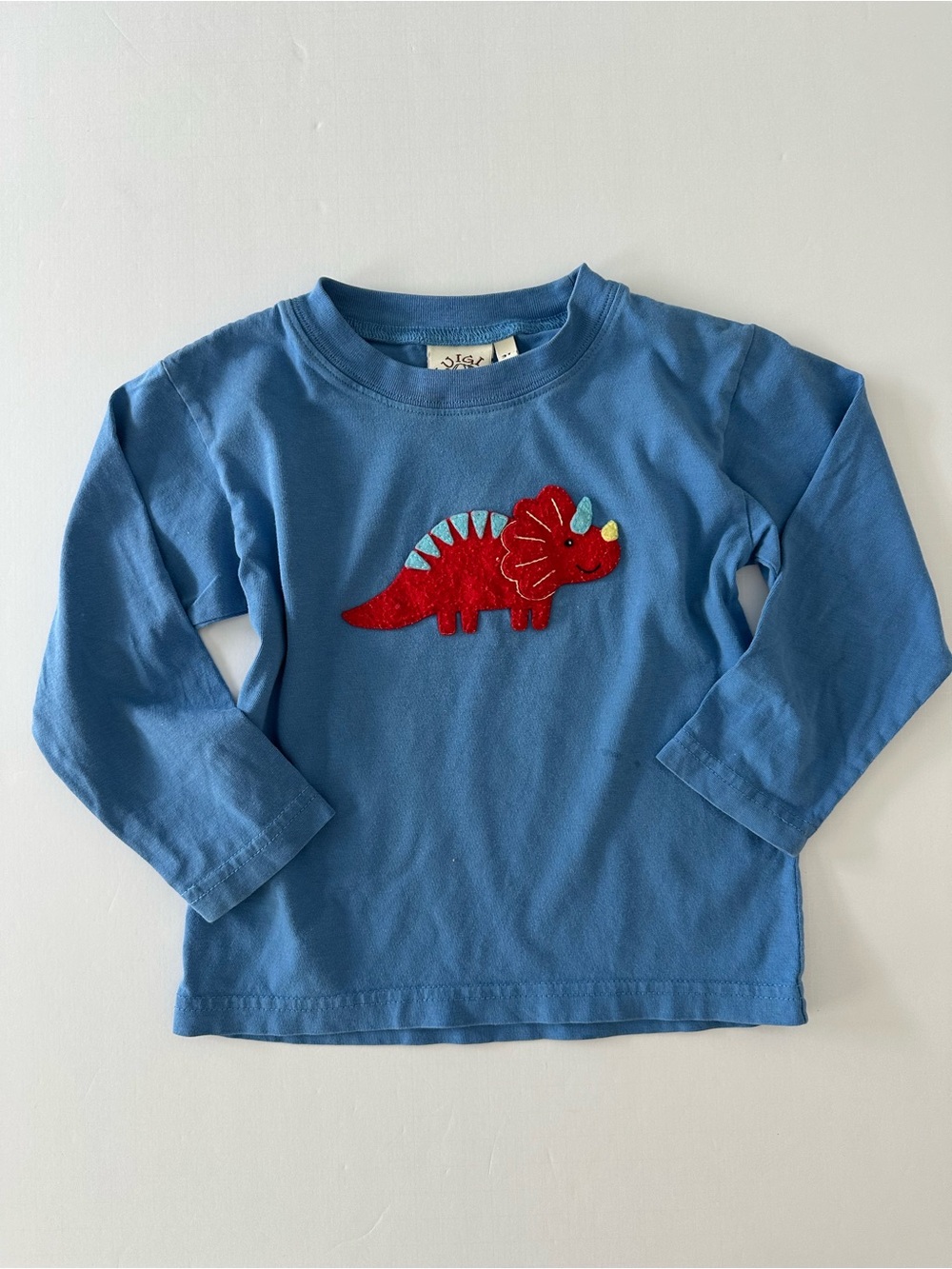 Luigi Kids Long Sleeve Blue Cotton Tee With Red Dinosaur Triceratops Appliqué 3T